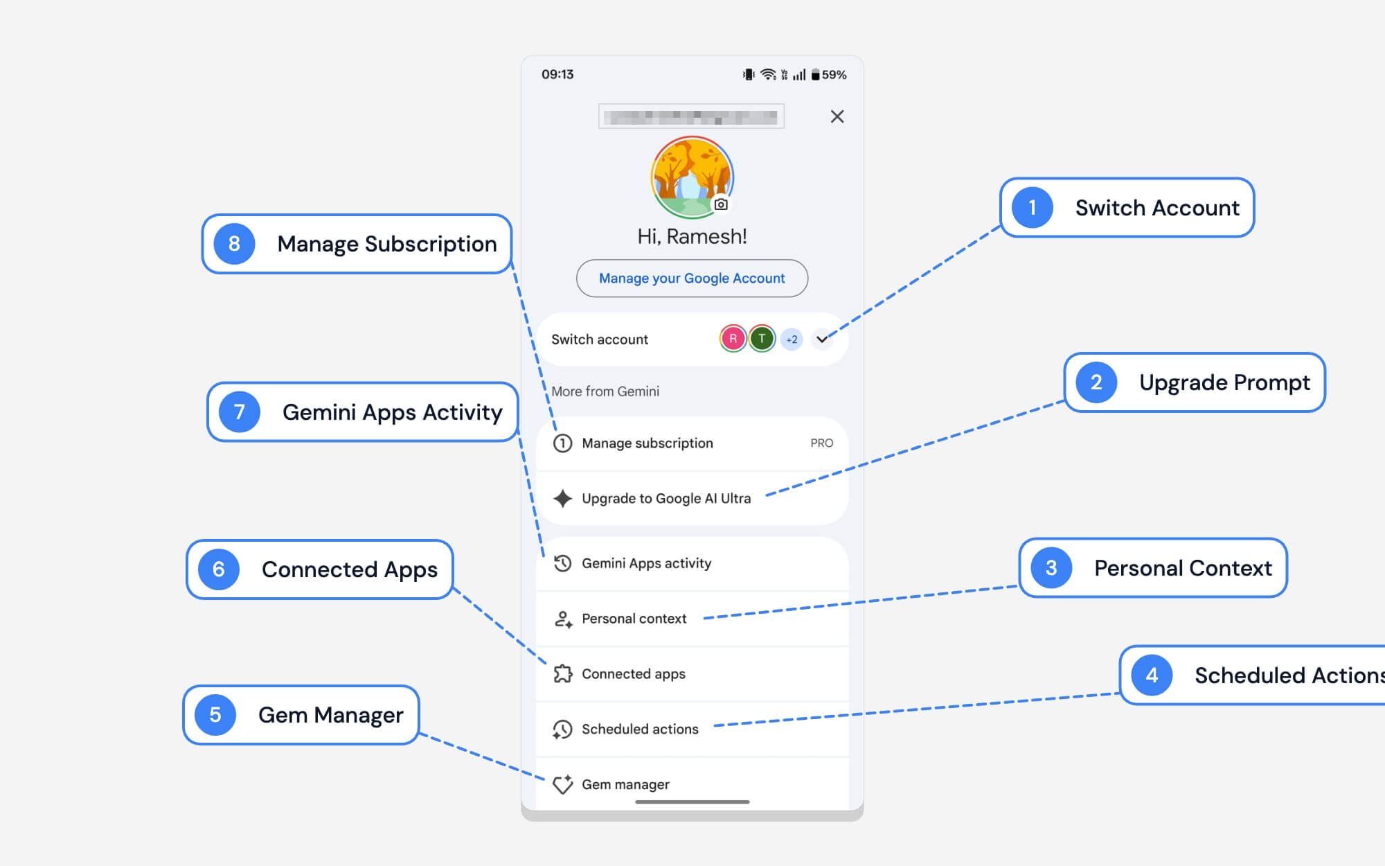 谷歌雙子座設定和帳戶選單中的各種圖示和設定意味著什麼 what does various icons and settings mean in the google gemini settings and account menu