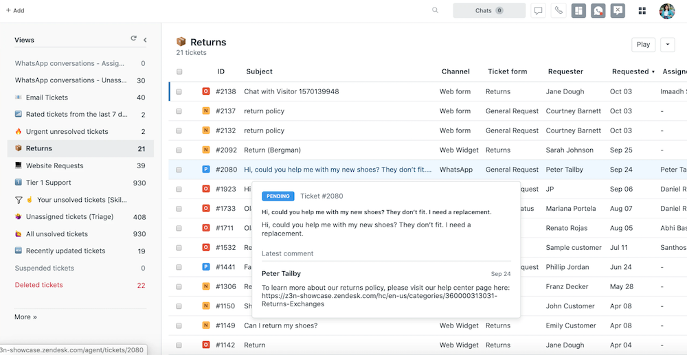 Interface do Zendesk