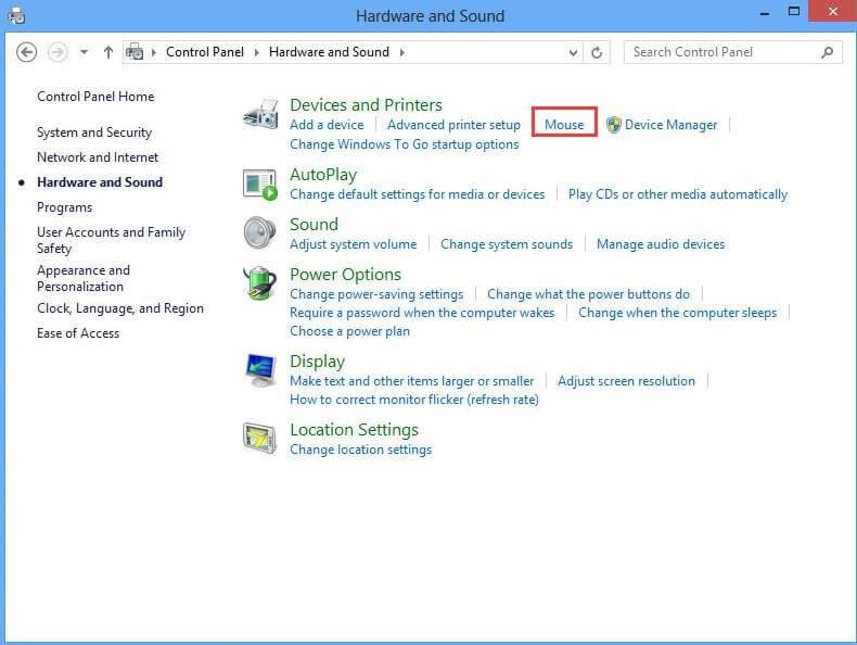 Under Device and Printers Category Click On Mouse Option