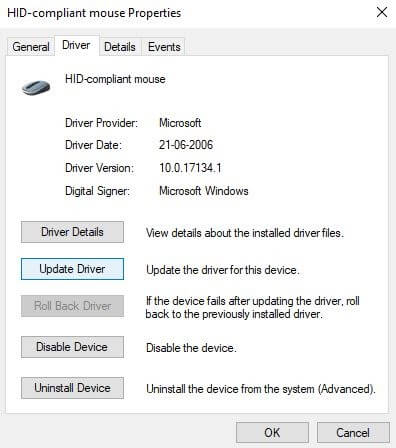 Switch to Driver Tab and Click On Update Driver