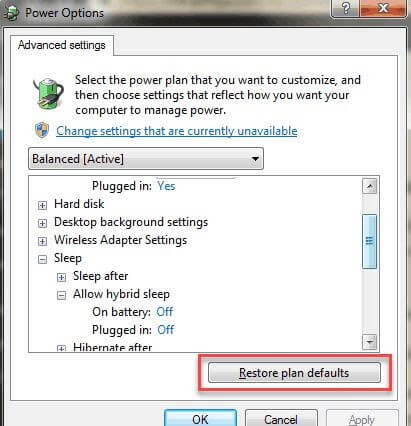 Click On Restore Plan Defaults