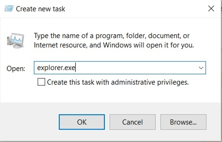 Sélectionnez Exécuter une nouvelle tâche et entrez explorer.exe