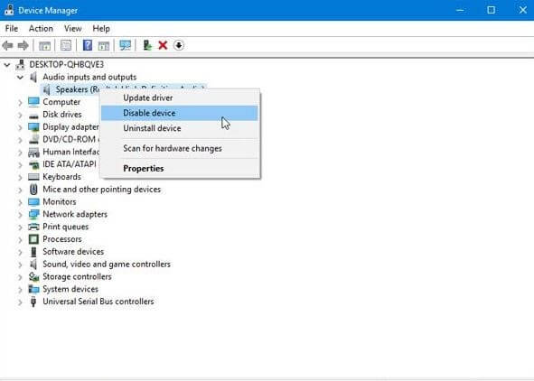 Disable Device Option From The List That Appeared