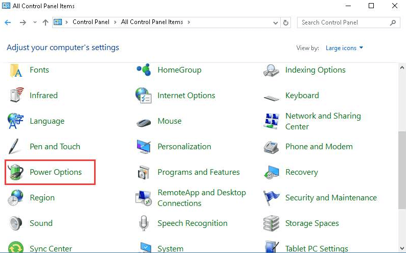 Set View By As Large Icons Then Locate Power Options