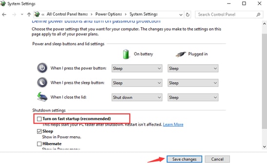 Unmark the box named Turn on Fast startup