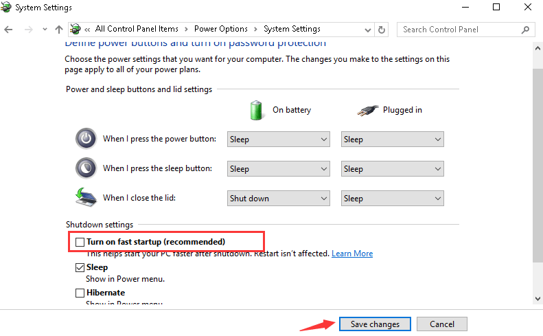 Unmark The Box Named Turn On Fast Startup