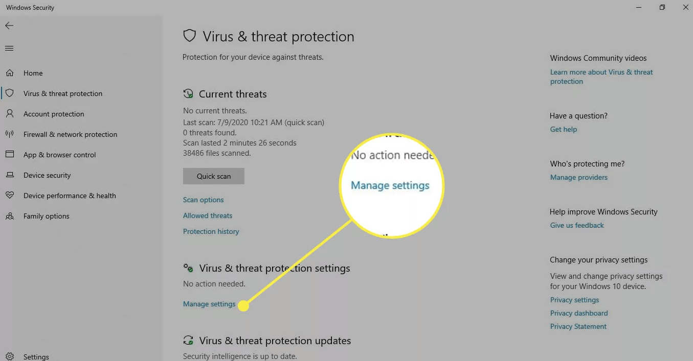 Under Virus & Threat Protection Choose Manage Settings