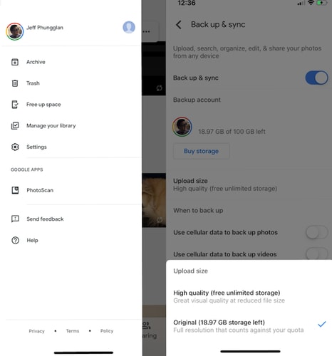 choose google photos uploading quality