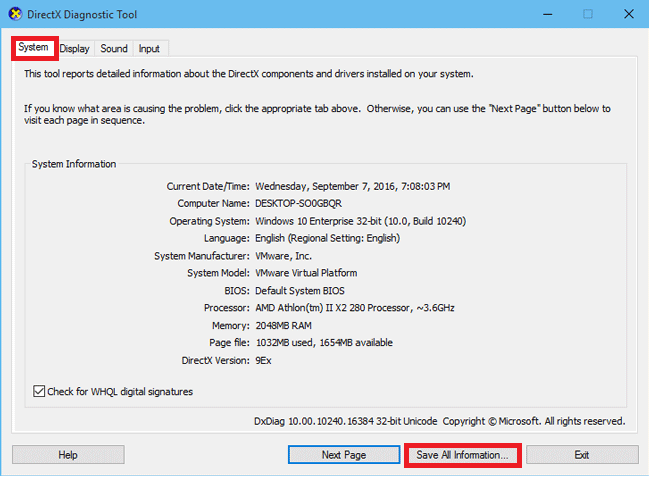 Save All Information from System Tab of DirectX Diagnostic Tool