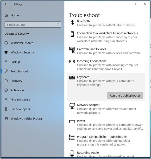 run keyboard troubleshoot