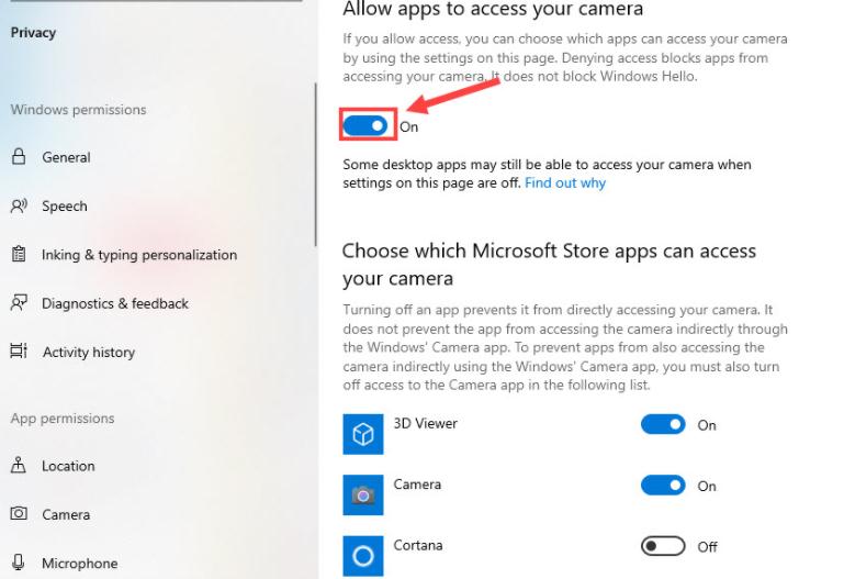 Allow apps to access your camera
