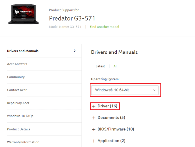 choose os and select driver for Acer Predator Helios 300 device