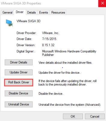 click on the Roll Back Driver
