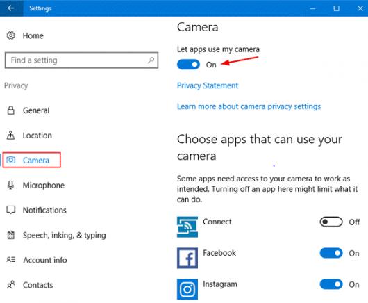 swipe the toggle button to enable the camera access