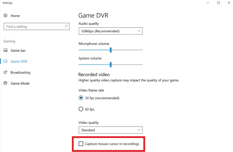 Unmark Capture Mouse Cursor in Recordings