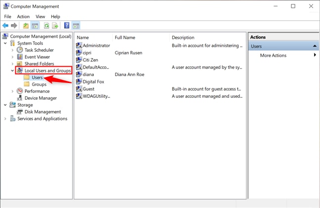 user from Local Users and Groups
