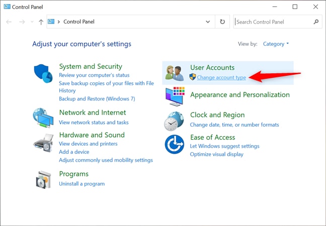 Change User Account Type Option