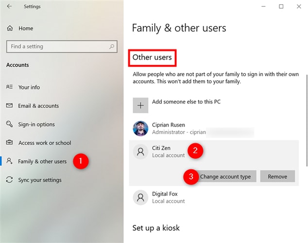 Choose the Users Option and Change Account Type