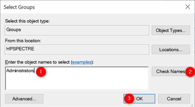 Select the object Type to Administrator