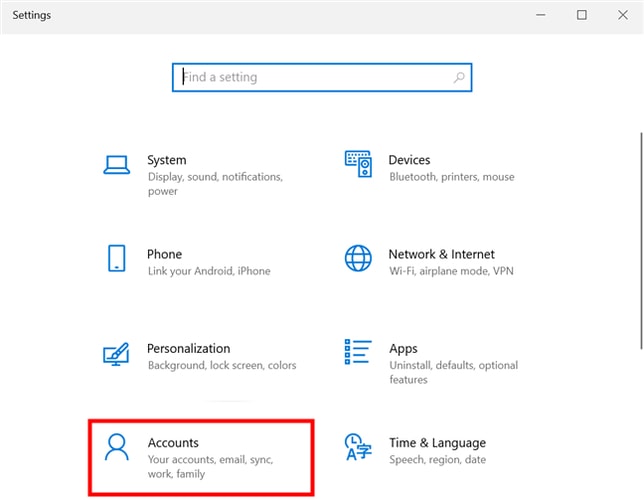 Select Accounts Option in Window Setting