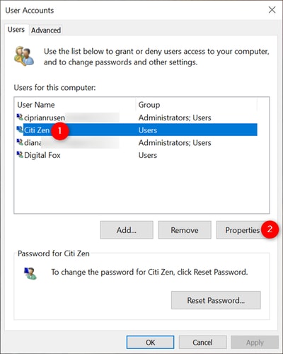 Click on the User Name and then Properties