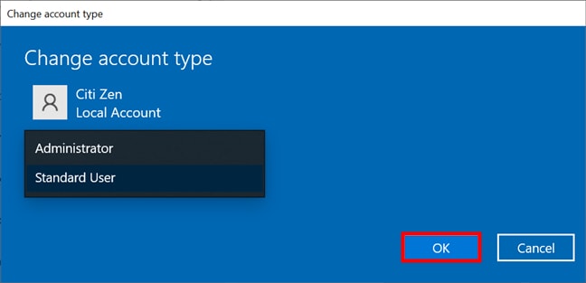 Choose Account Type Click Ok