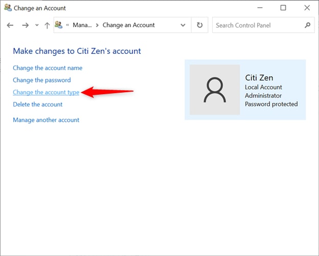 Change the Account Type from Change a Account in Left Menu