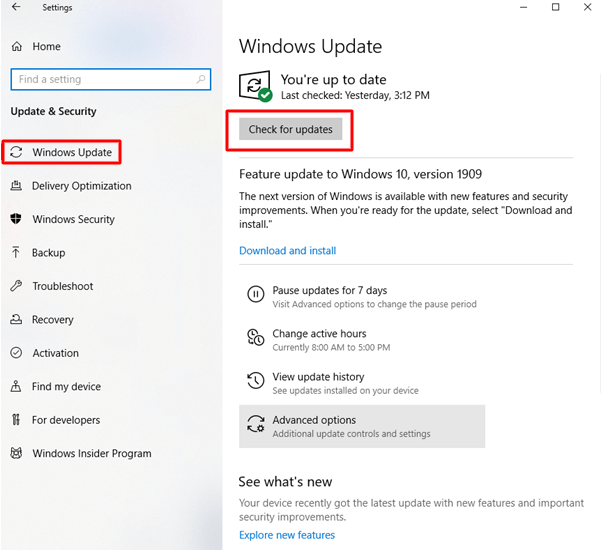 Choose Check for Updates Option From Right-Side Panel