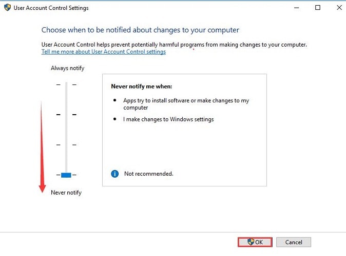 Choose Never Notify in Control Setting