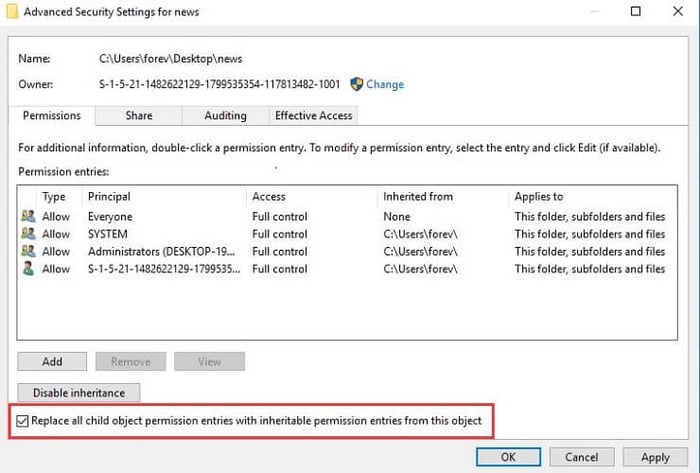 Check box of replace all child object permission entries with inheritable permission entries from this object