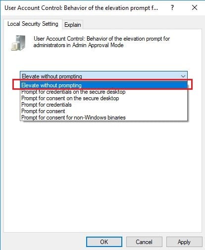 Select Elevate without prompting
