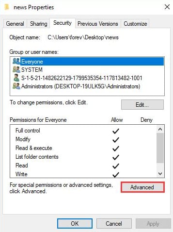 Click on Advanced for Special Permission or Advanced Settings