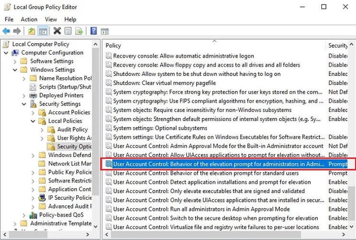 Choose User Account Control: Behavior of the elevation prompt for administrators in Admin Approval Mode