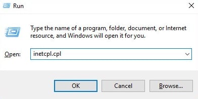 Type inetcpl.cpl in Run Dialog Box