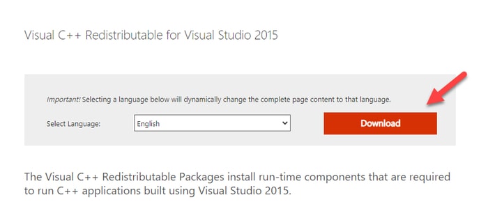 Download Microsoft Visual C++ 2015 Redistributable for Visual Studio