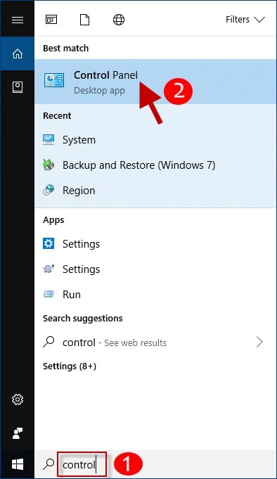 Type the Control in the Windows Search Box