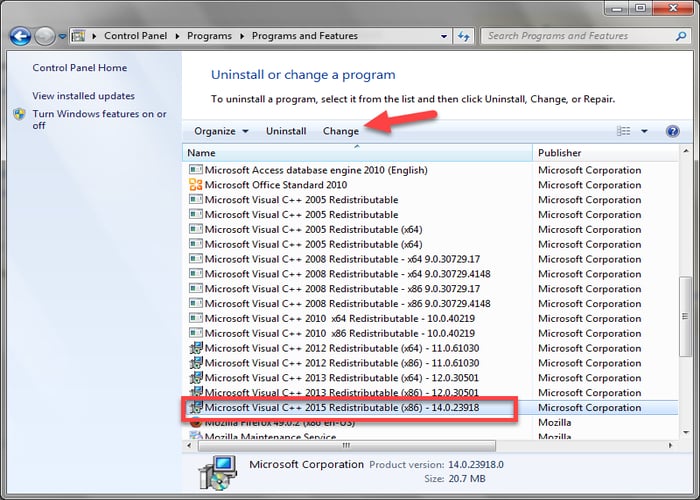 Uninstall Microsoft Visual C++ 2015 Redistributable