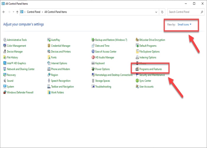 Programs and Features View By Small Icons