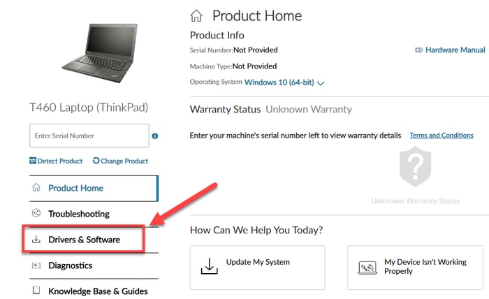 Select the Drivers & Software From Lenovo Product Home