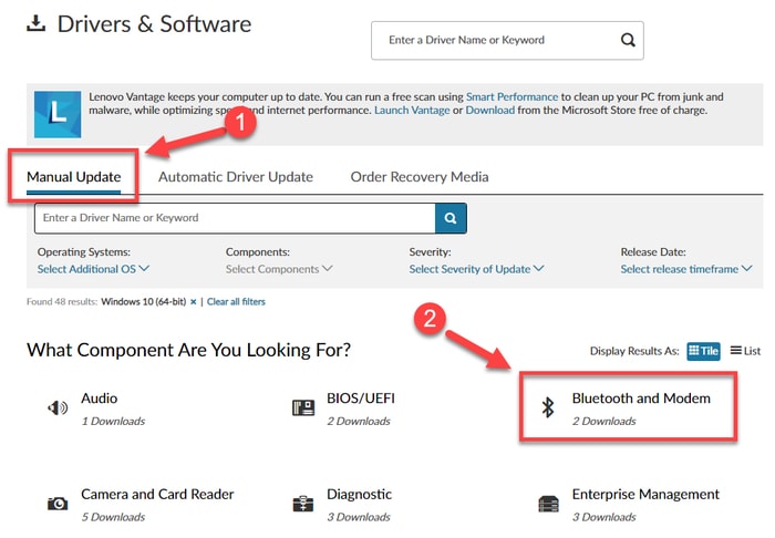 Choose Bluetooth and Modem from Manual Update Tab