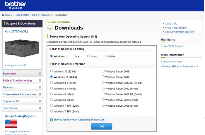 Select Windows OS for Brother Printer Driver