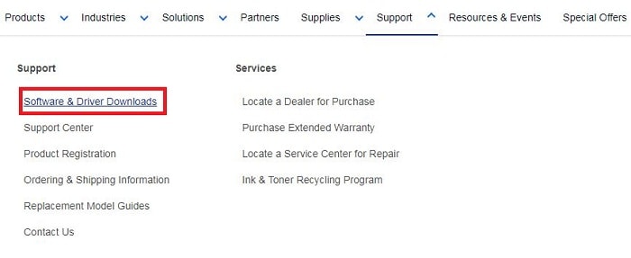 Software & Driver Downloads Menu from Brother's Official Site