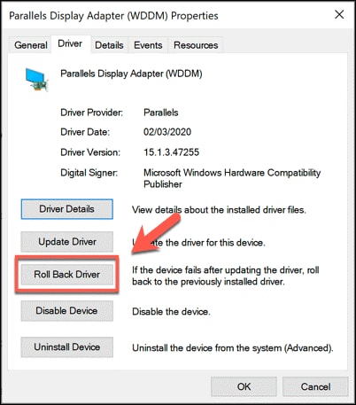 Select Roll Back Driver Option