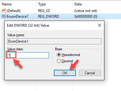 Type EnumDevice1, input value data box, then OK