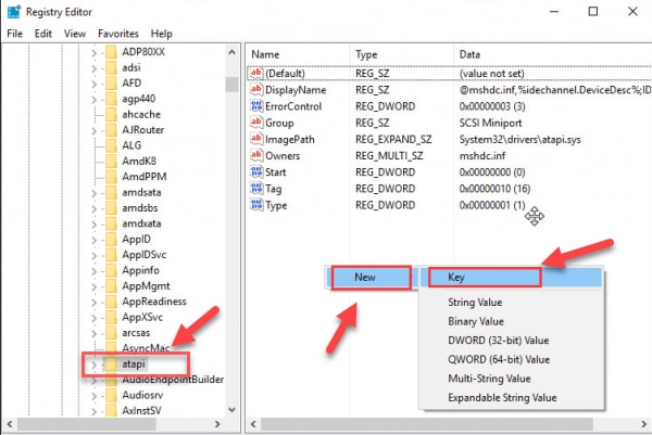 Right-Click on the atapi key, move to New, then select Key 