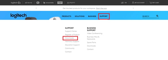 Click on Support tab and Choose Downloads from the Logitech Official Site