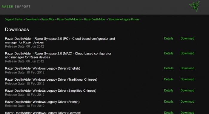 Find Razer Recent driver version of Razer official Site