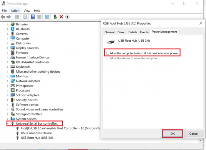 Uncheck box of Allow the computer to turn off this device to save power