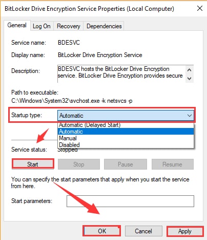Set Startup Type as Automatic in Properties window then start and Ok