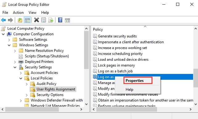 Right click on Log on as service and choose Properties